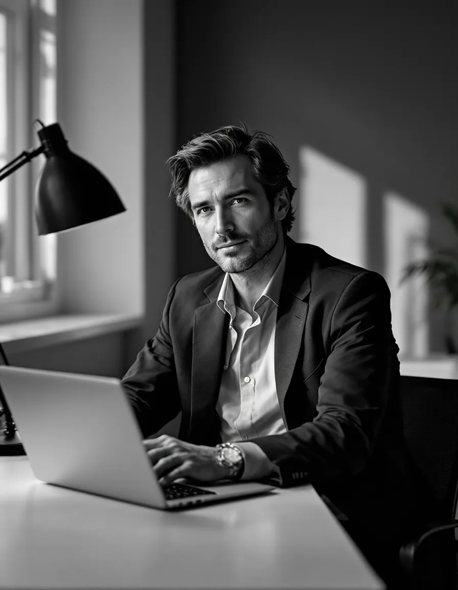 Marlow, the fractional CFO behind Juniper, at a desk with an open financial model
