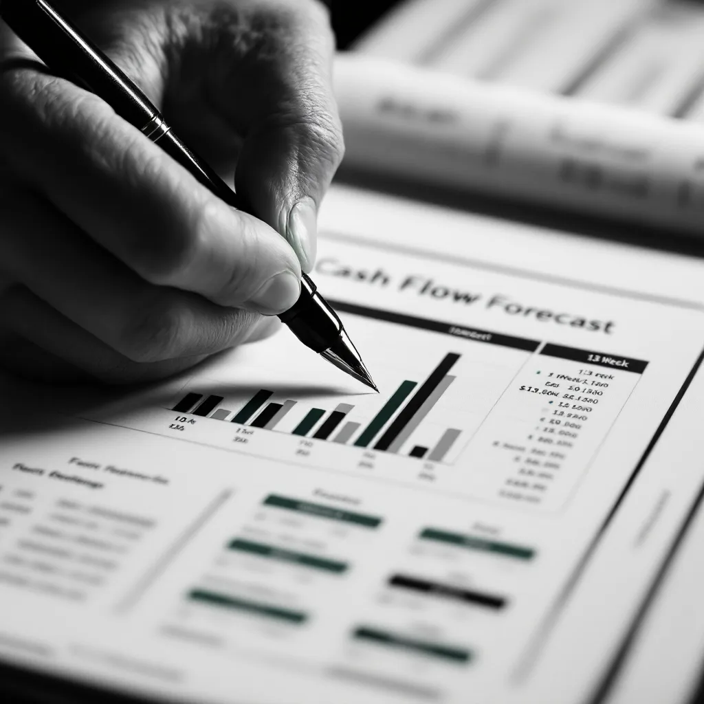 Hands over a printed 13-week cash-flow forecast